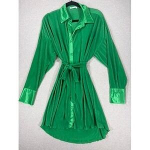 12th Tribe Pleated Mini Dress Womens Small Green Good Button Down Waist Tie